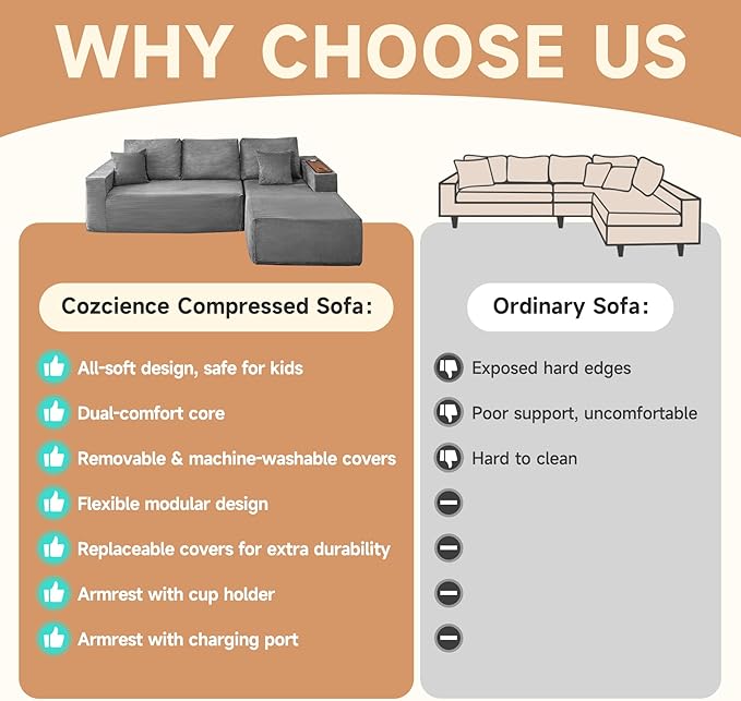 Modular Sectional Sofa Cloud Couch with Multi-Functional Armrests, Boneless Plush L-Shape Living Room Couch with Deep Seat, Fluffy Comfy Sleeper Sofa Easy Assembly (Gray, Left Chaise)