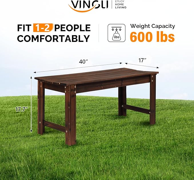 VINGLI Outdoor Wood Bench, 40" Outdoor Bench Patio Wooden Bench Garden Bench Outdoor Backless Bench for Deck Patio (Carbonized)