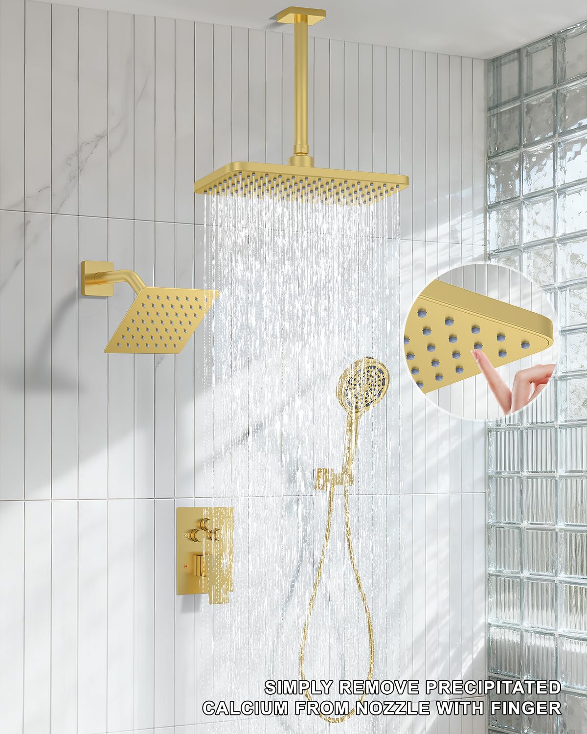 KOJOX Brushed Gold Dual Shower Head System – 11" Ceiling Rainfall + 6" Wall Mount Heads, 6-Mode Handheld Spray, Push-Button Diverter Faucet Set