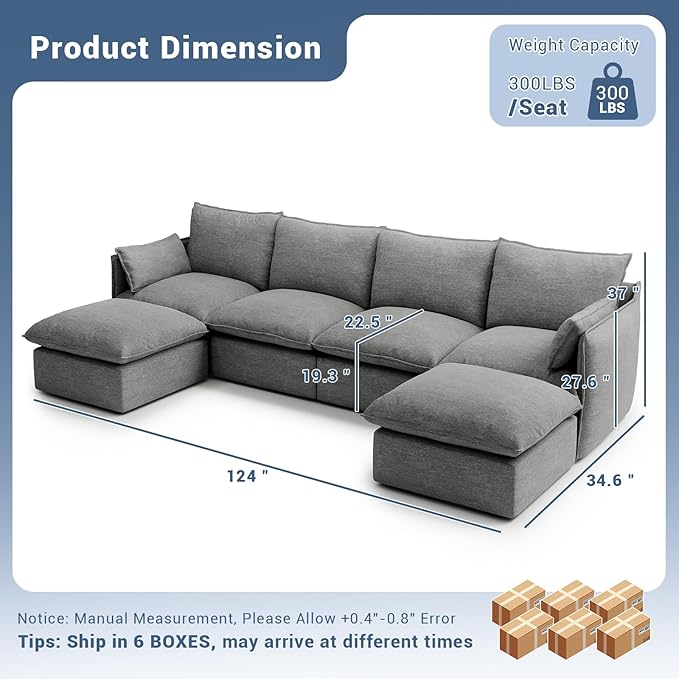 Lopzeho 124" Cloud Modular Sectional Sofa, Waterproof Down Filled Sectional Couch, High Backrest U Shaped 4 Seater Couch with 2 Ottomans, Modern Modular Sofas with Removable Cover, Dark Gray