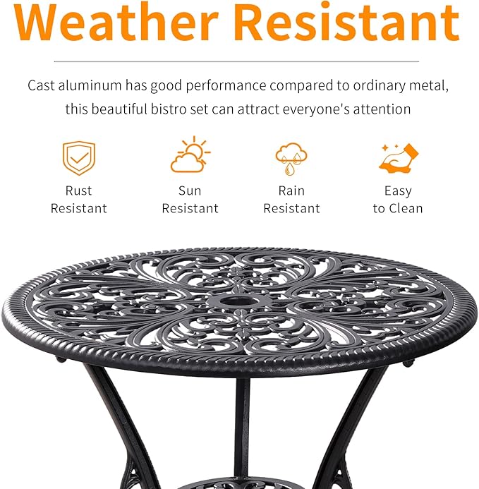 Withniture 3 Pieces Bistro Sets Cast Aluminum Outdoor Bistro Set, Patio Bistro Sets with Umbrella Hole, Weather Resistant Bistro Table and Chairs Set of 2 for Porch (Black, Butterfly)