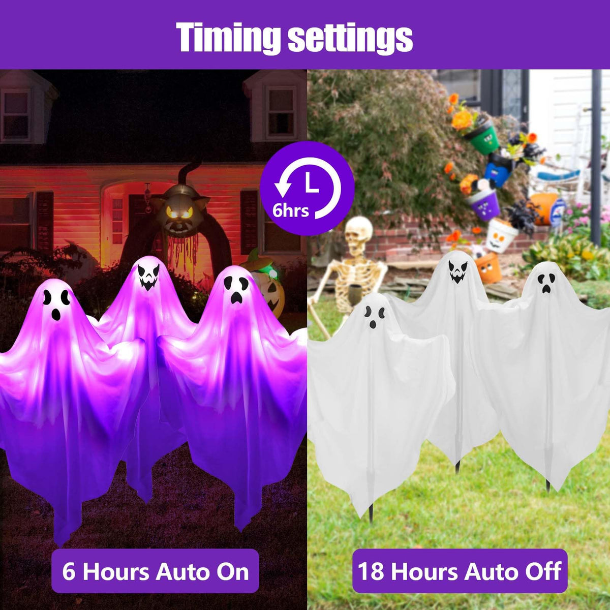 [8Light-Modes] Sets of 3 Halloween Ghost Light Stakes, Flying Ghost Halloween Decorations, LED Lighted Ghost Yard Stakes Outdoor Scary Hanging Ornament for Lawn, Yard, Patio, Haunted House