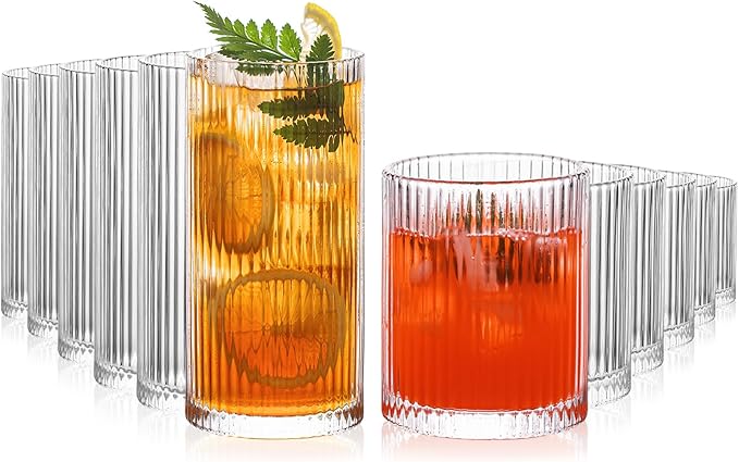 INSETLAN 12-Piece Ribbed Glassware - 6 Highball Glasses 12 oz, 6 Rocks Glass Cups 14 oz, Vintage Cocktail Drinking Glasse...