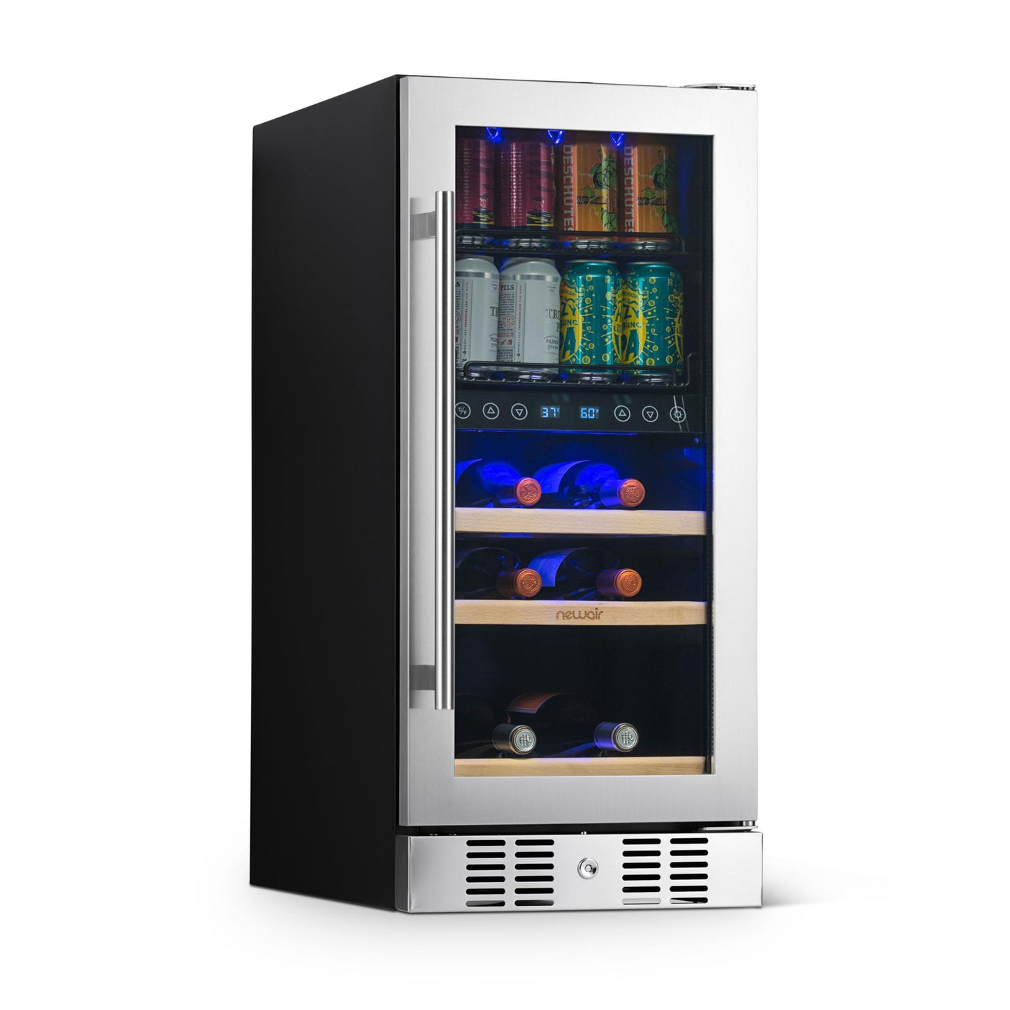 NewAir 15" Dual Zone Beverage Refrigerator & Wine Cooler for 9 Bottles & 48 Cans | Freestanding or Built-In Under Counter Mini Fridge for Beer, Wine and Soda | Stainless Steel