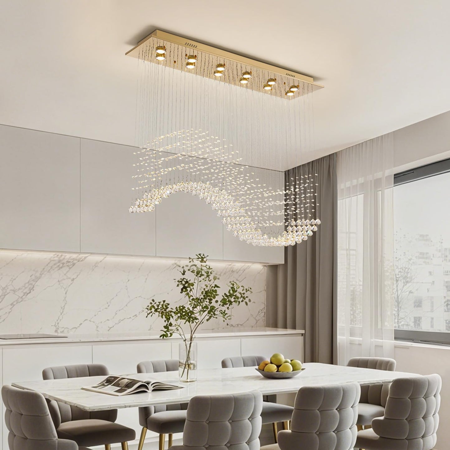 Siljoy 12-Lights Modern Crystal Chandeliers, Luxury Wave Raindrop Crystal Pedant Light Fixture, Rectangular Flush Mount Ceiling Light for Dining Room Living Room Kitchen Island 47 Inch