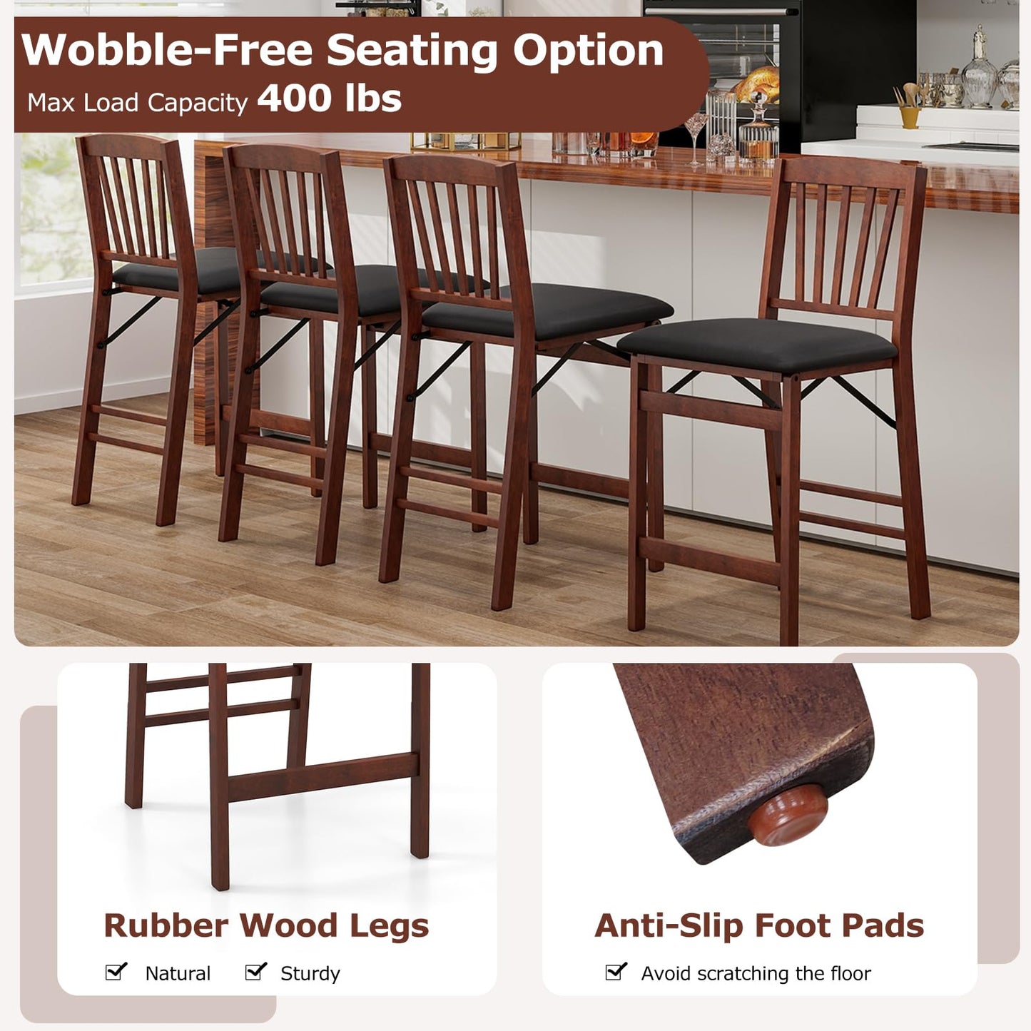 Giantex Folding Bar Stools Set of 2, 24.5" Counter Height Bar Dining Chairs with Back, Padded Seat, Footrest & Rubber Wood Legs, Upholstered Foldable Barstools for Kitchen Island, No Assembly Needed