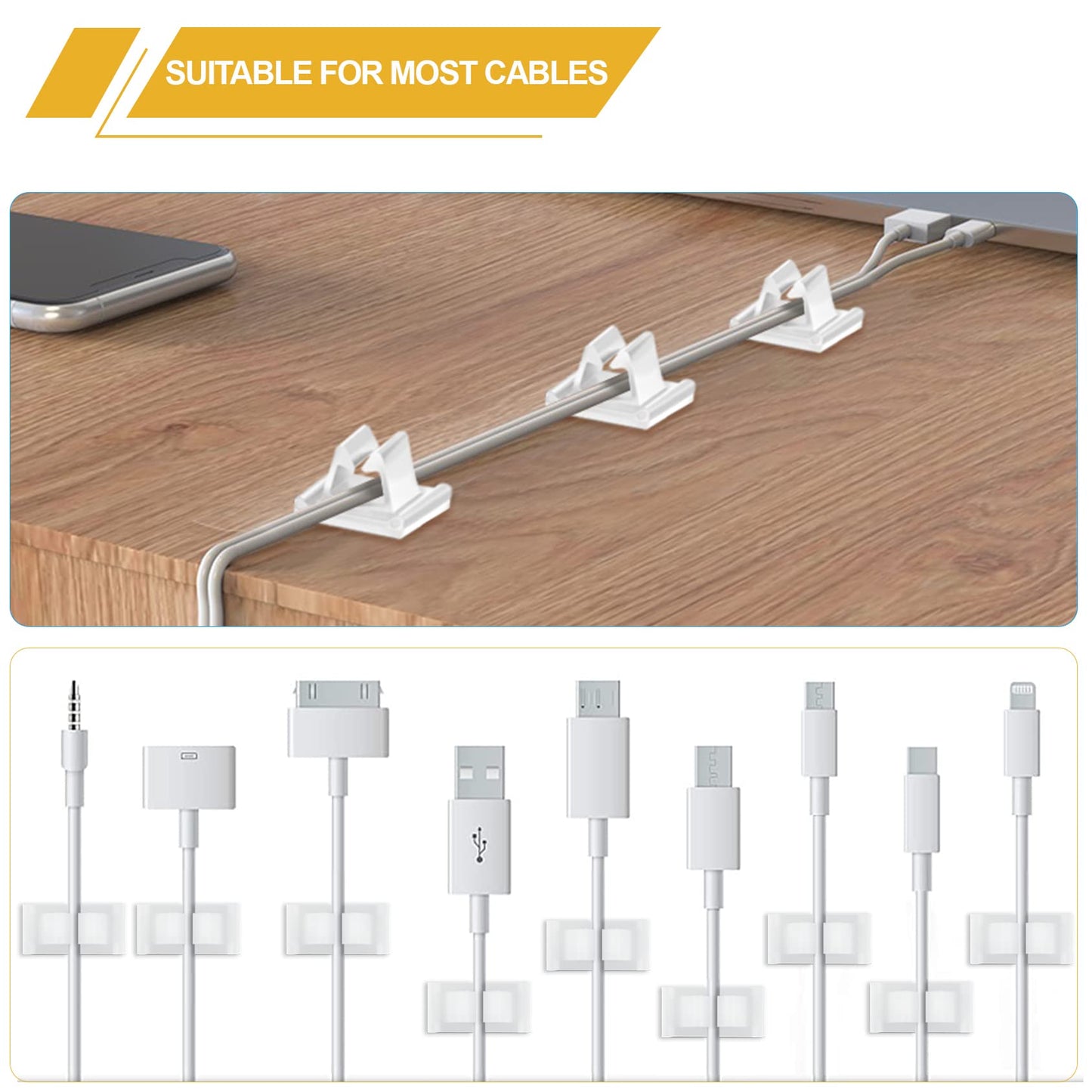 M Cable Clips Nylon White, Strong Adhesive Wire Rope Clamp Vertical Cable Management Phone Charging Cord Organizer For Desk Car