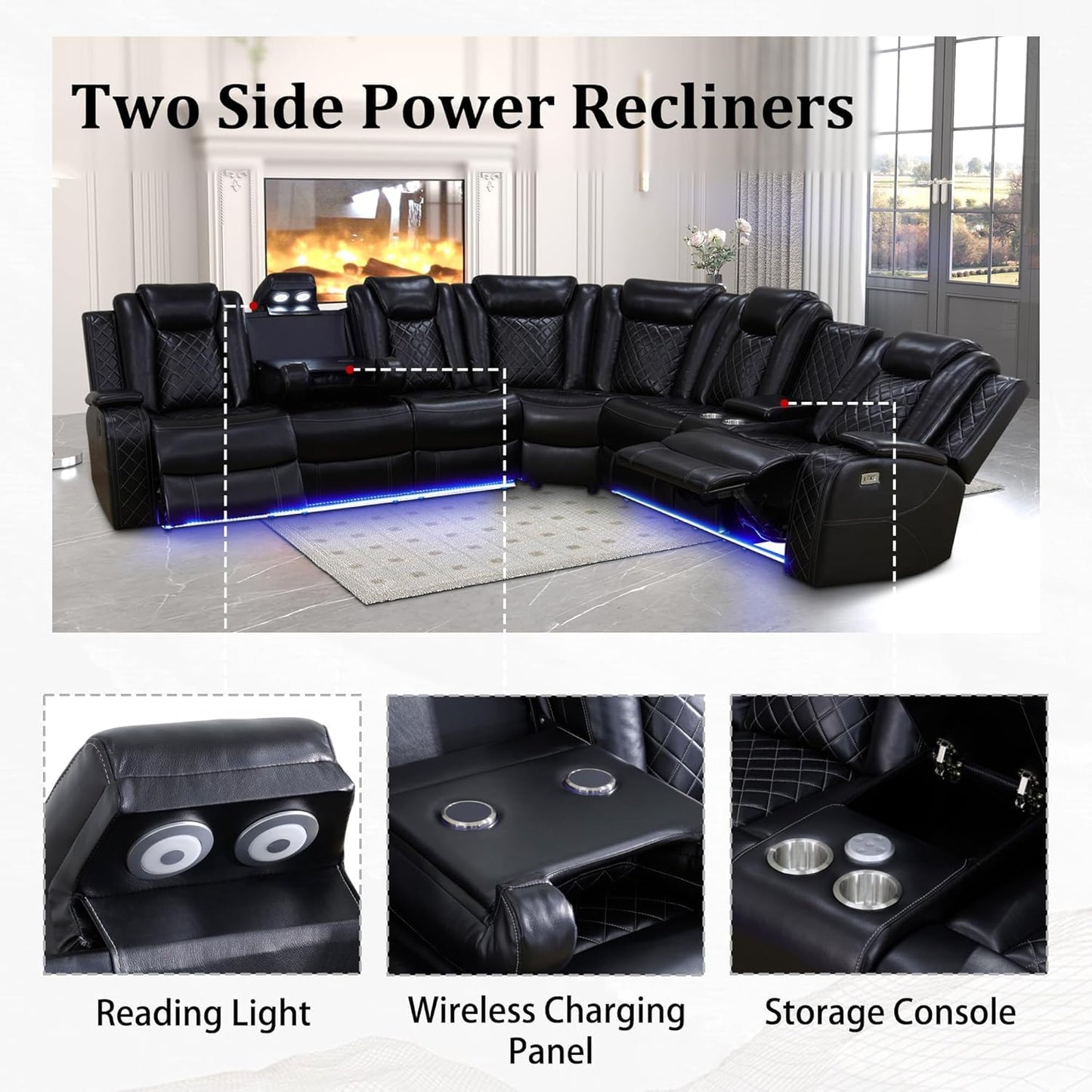 FUOROLA Power Recliner Living Room Set with LED, Breathing Leather Reclining Sectional Sofa Couches for Home Theater with Cup Holder, Storage Consloe, USB Charge