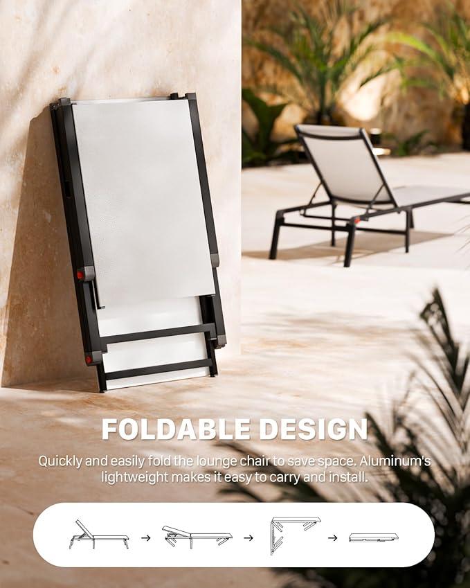 Aluminum Chaise Foldable Patio Lounge Chair Outdoor, Metal Deck Lounger Adjustable 5-Position Recliner Pool Chase Breathable Full Flat Outside Sun Tanning Chairs for Beach/Poolside/Lawn(White, 1Pack)