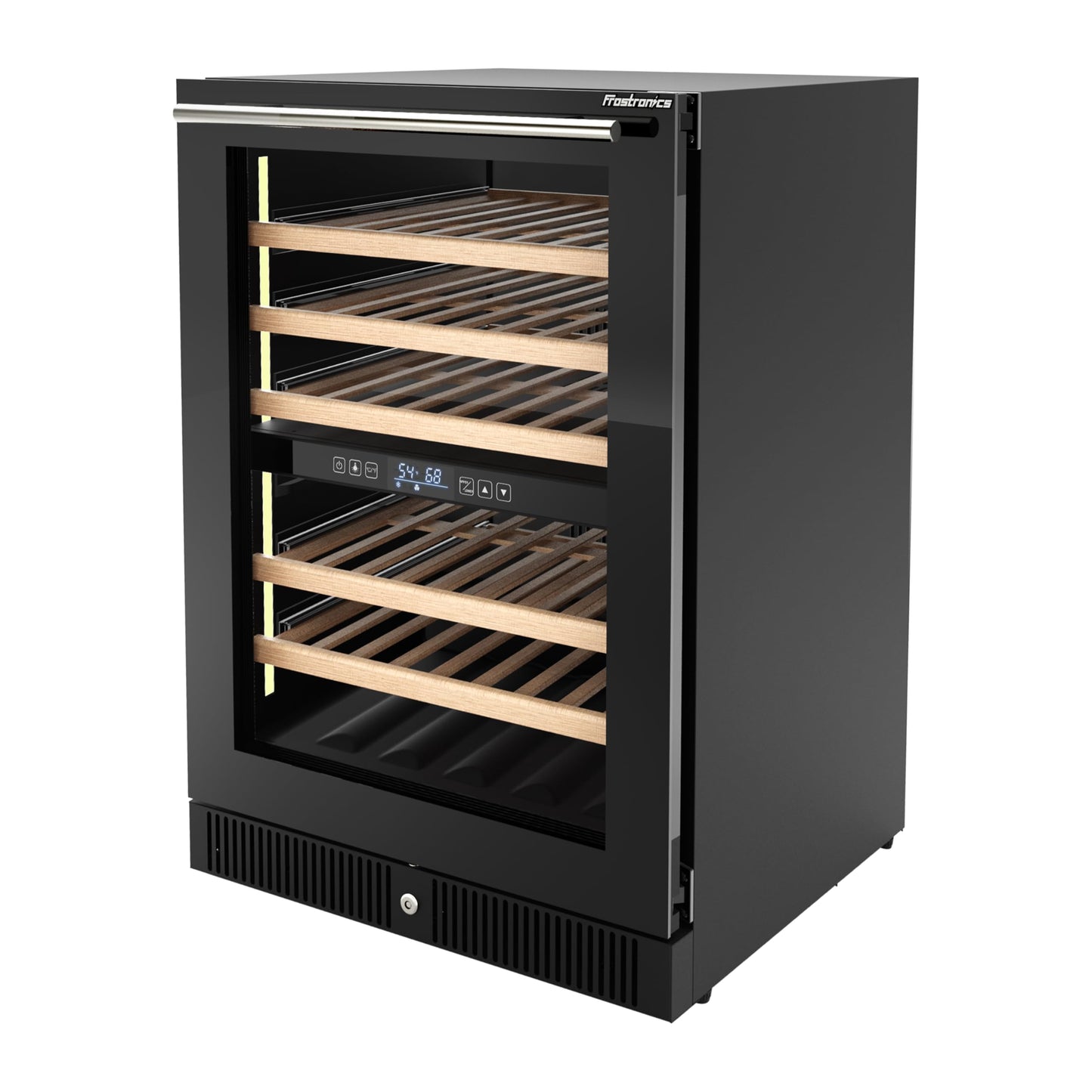 Frostronics 24 Inch Dual Zone Wine Refrigerator, 51 Bottles Under Counter Built-In or Freestanding Wine Cellar, Wine Cooler with Quiet Compressor Cooling and Reversible Glass Door, Fits Large Bottle