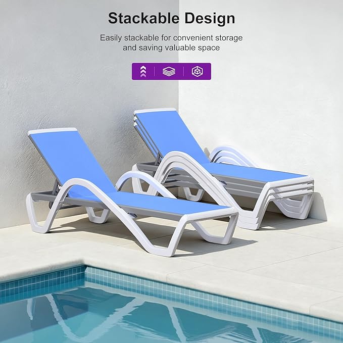 PURPLE LEAF Patio Chaise Lounge Chair with Armrests Outside Aluminum Plastic Stackable Tanning Chairs for Pool Sunbathing Beach Deck Outdoor Lounger, Royal Blue