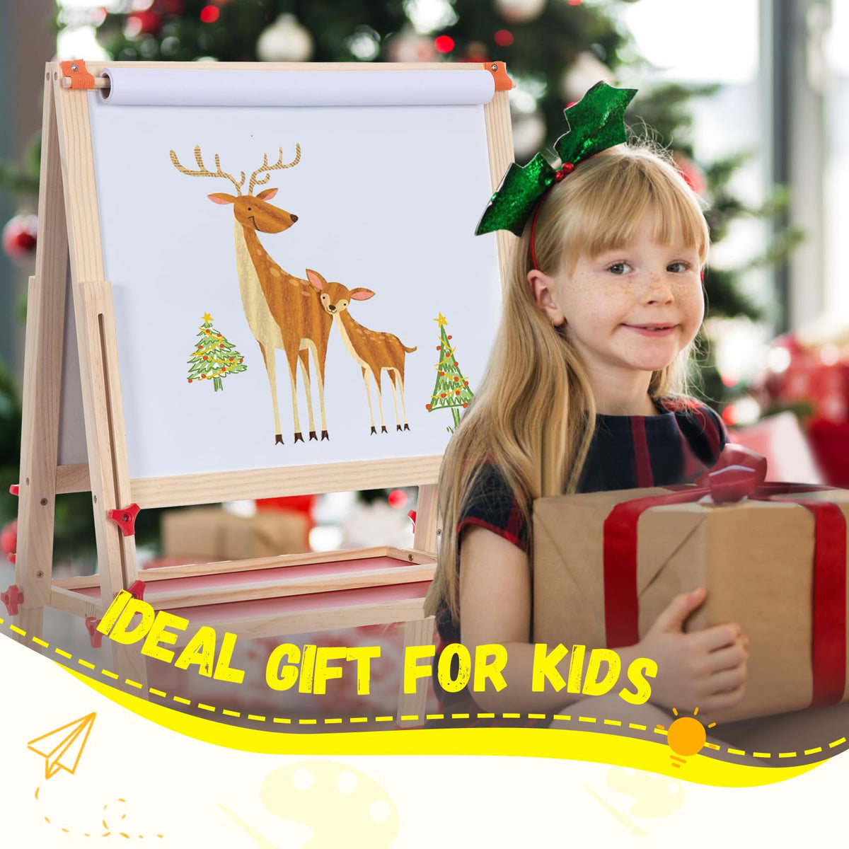 Double Sided Foldable Easel for Kids Adjustable Height Wooden Art Station with Paper Roll and Accessories Ideal Gift for Toddlers Boys Girls Ages 3 4 5 6 7 8 Years Old