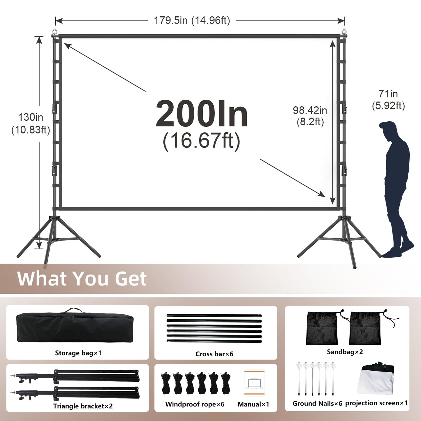 Wootfairy Projector Screen with Stand, 200 inch Portable and Foldable Projection Screen 4K HD 16:9 Rear Front Wrinkle-Free Movie Screen with Carry Bag for Indoor Outdoor Home Theater Backyard Cinema