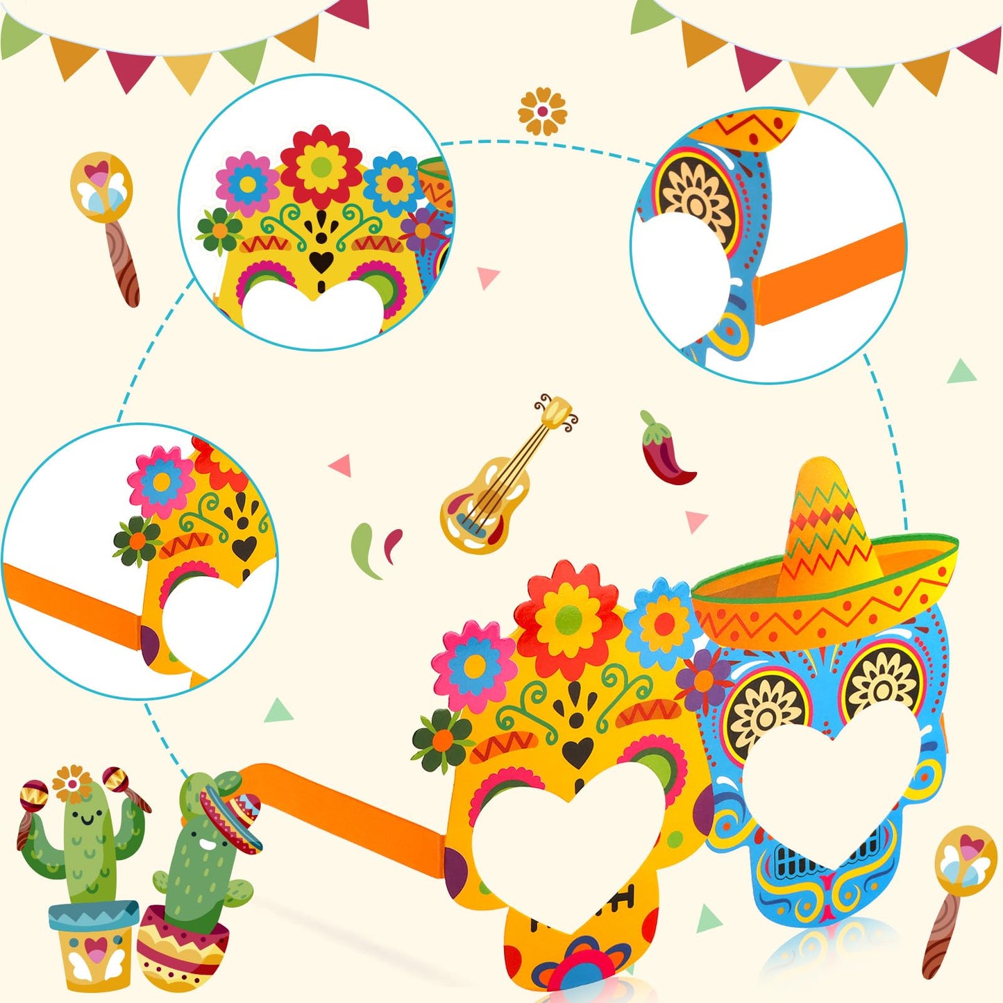 Hooqict 32 Pcs Mexican Party Decorations Paper Eyeglasses Cinco De Mayo Taco Party Favor Glasses for Fiesta Party Mexican Carnival Supplies Day of the Dead Decor