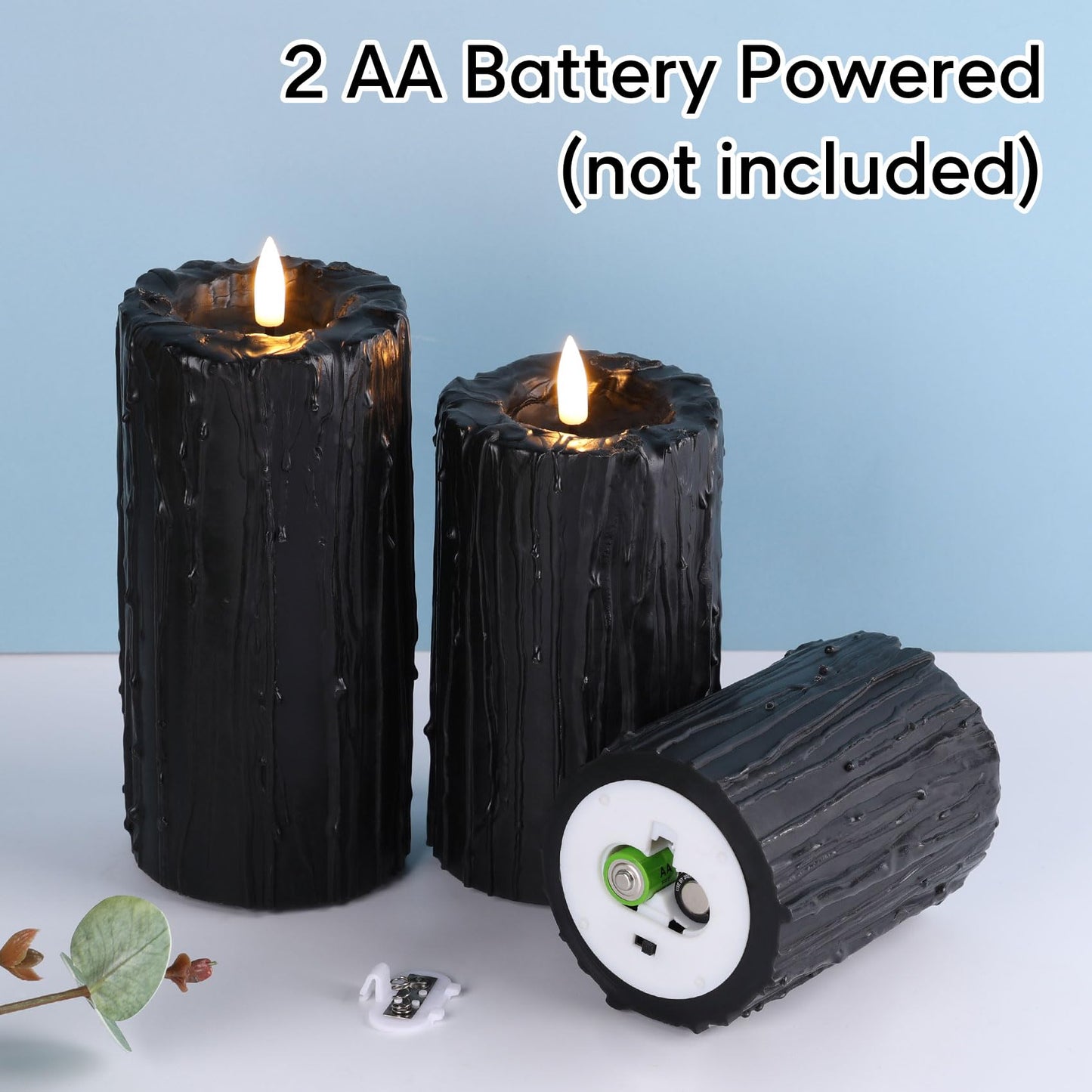 Eywamage Black Dripping Wax Flameless Pillar Candles with Remote, Flickering Halloween LED Candles Battery Operated Set of 3