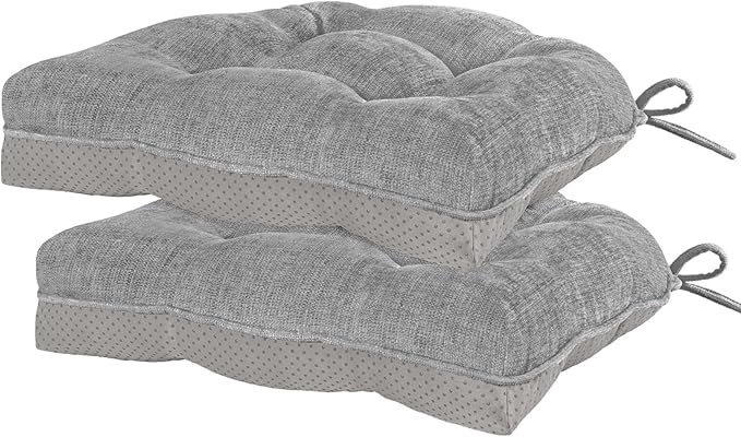 HARBOREST Chair Cushions for Dining Chairs Set of 4 - Chenille Tufted Kitchen Chair Cushions with Ties and Non-Slip Bottom, Foam Chair Pads for Dining Chairs, 17" x 17", Light Grey