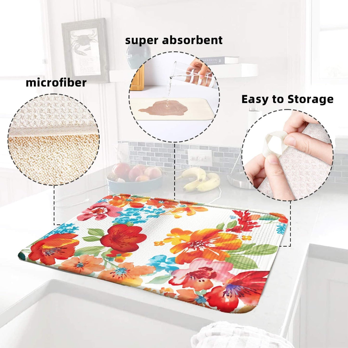 Small Red Floral Dish Drying Mat for Kitchen Counter 16''x18''Microfiber Absorbent - Foldable, Quick-Dry, Non-Slip, Compact Kitchen Drying Mats for Dishes, Countertops, and Cookware