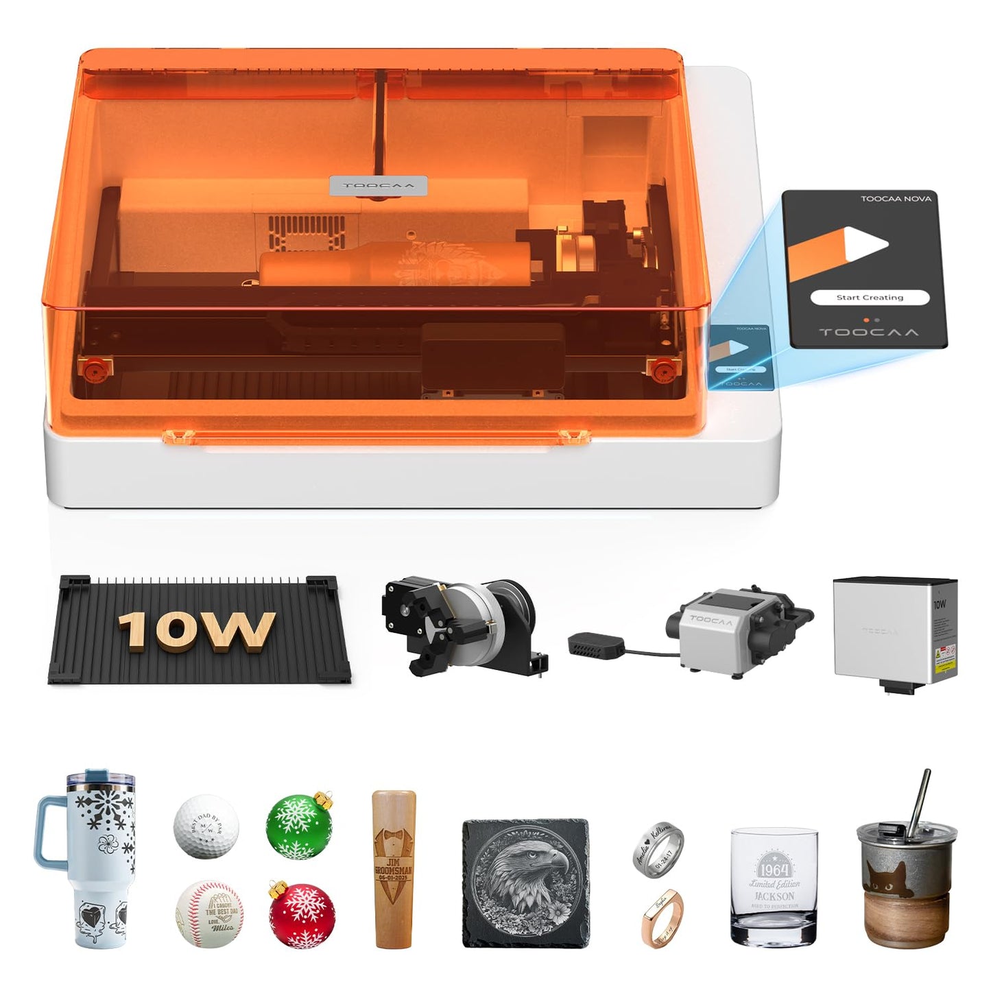 TOOCAA NOVA 10W Smart AI Laser Engraver with Rotary & Air Assist, Fully Assembled Enclosed, 5MP AI Positioning Camera & Auto Focus, Blade Cutting Panel, Class 1 Safety, No-Riser Tumbler Engraving