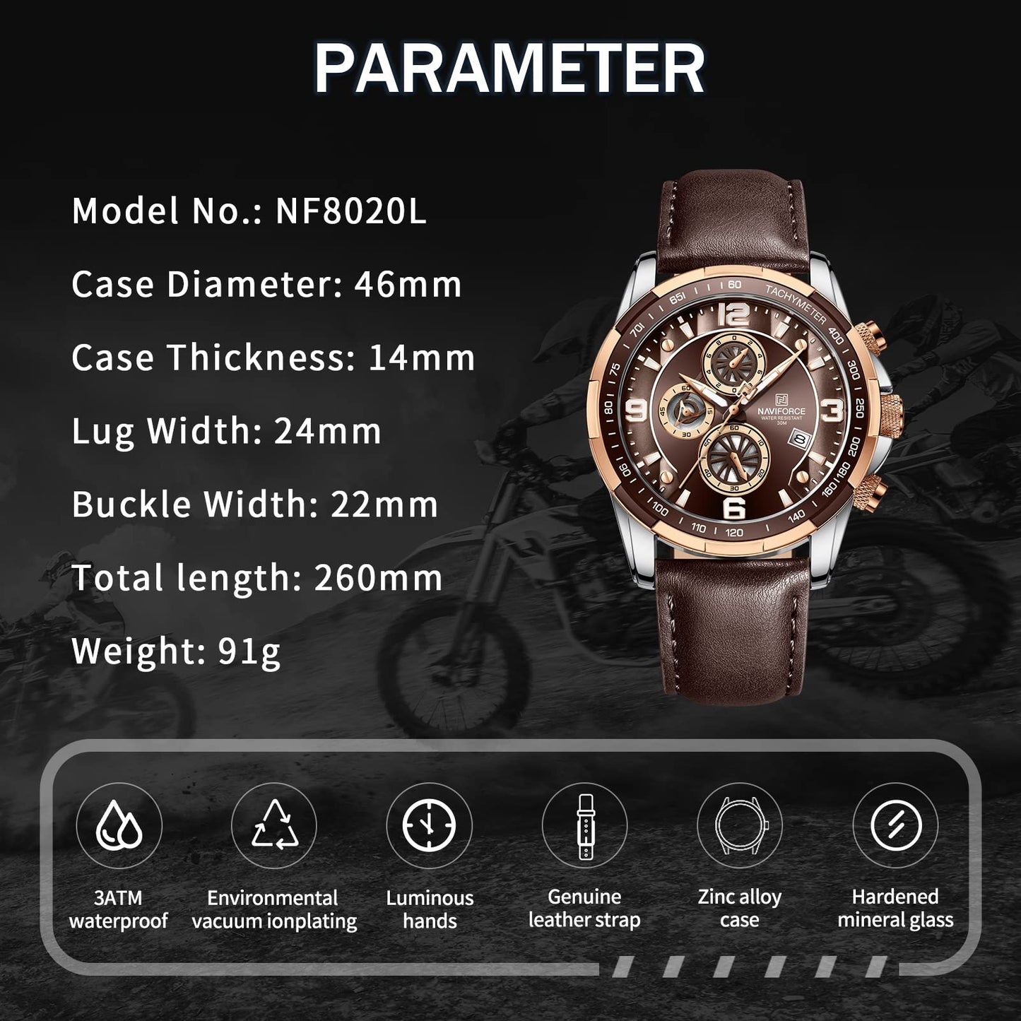 NAVIFORCE Sport Watches for Men Analog Quartz Chronograph Leather Strap Wrist Watch