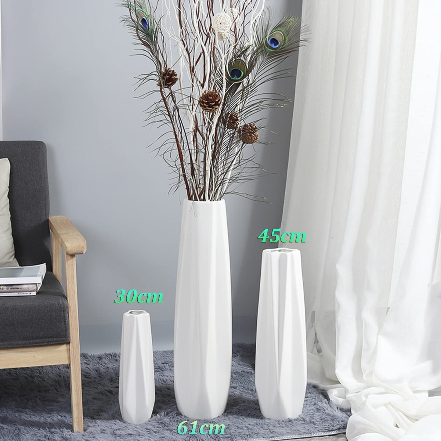 FKTHYO Floor vase Ceramic Vase,Decorative Large,Floor, Large Floor Vase,White Ceramic Vase,Handcrafted,Sophisticated Vessel for Decorative Branches and Dried Flowers (White 30cm)