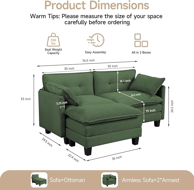 Amsleekey Modular Sectional Sofa, 76.5" L-Shaped Corduroy Comfy Sectional Couches for Living Room, 2-Seater Cloud Couches with 1 Movable Ottoman, Flexible Combination Modern Deep Seat Sofa (Green)