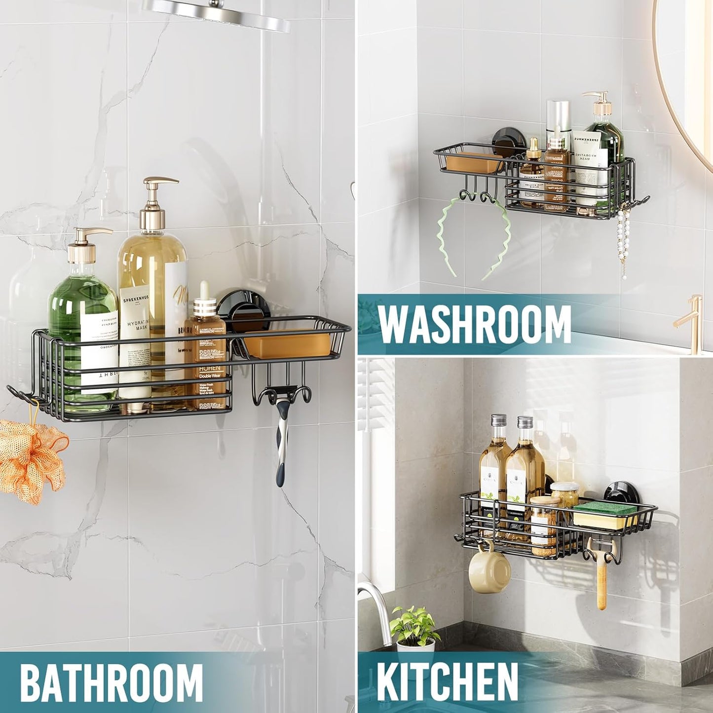 TAILI Shower Caddy Suction Cup with Hooks and Soap Holder, Heavy Duty Bathroom Shower Organizer, No Drilling Bathroom Holder with Large Capacity, Metal Black Storage Basket