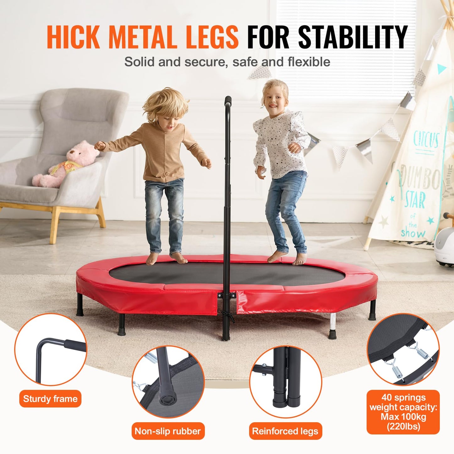 VEVOR Kids Trampoline, 56x36 inch Indoor Outdoor Trampoline, Foldable Mini Trampoline with Handle, Rebounder Trampoline for Toddlers, Birthday Gift for 3+ Years Children, Boys Girls for Fun, Red