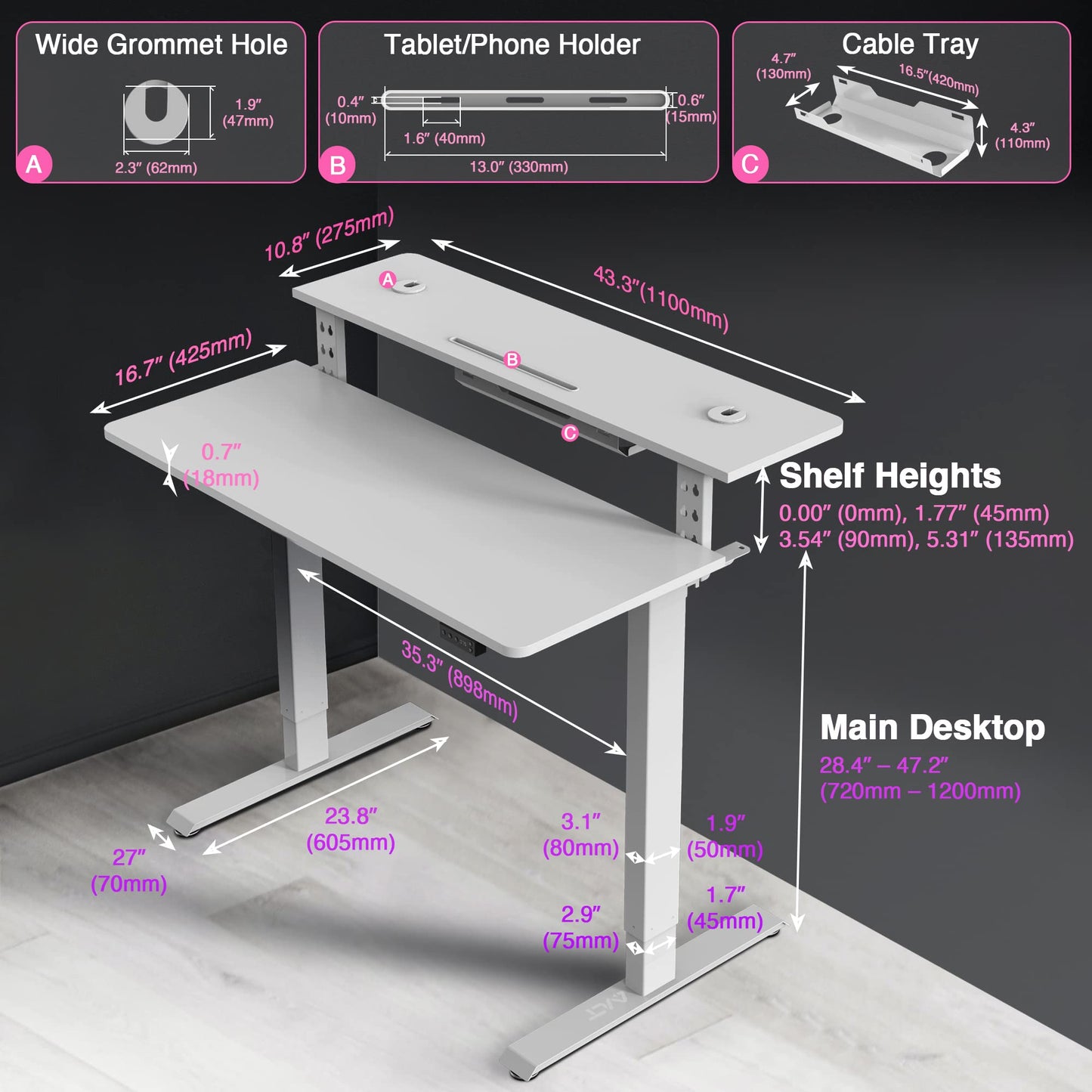 AVLT 47″ Electric Standing Desk with Dual-Tier Shelf & Tablet Holder – Height Adjustable Sit-Stand Desk for Home Office, Motorized Frame Supports 176 lbs (80kg), Includes Tabletops – White