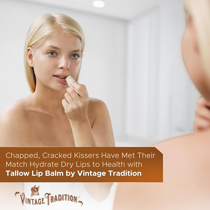 Vintage Tradition Moisturizing Beef Tallow Lip Balm – Tube Lip Moisturizer with Peppermint Essential Oil Hydrates & Soothes Dry Lips – Grass-Fed Tallow Balm for Skin Care, 0.5 Fl. Oz.