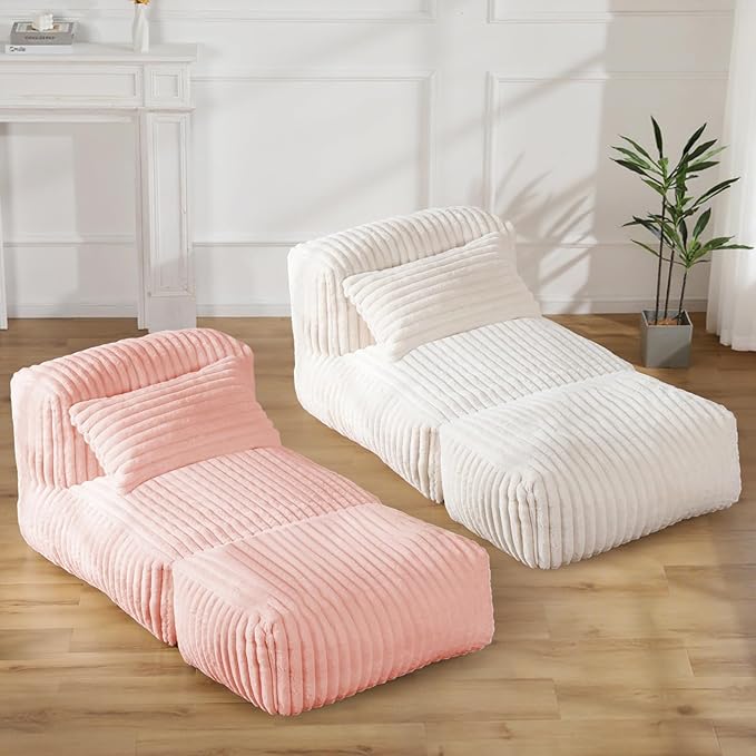 Giant Bean Bag Lounger Sofa with Pillow, Large Beanbag Chair for Adults, Oversized Comfy Beanbag Lazy Floor Sofa, Bean Bag Couch with Memory Foam Filled for Living Room, Bedroom, White
