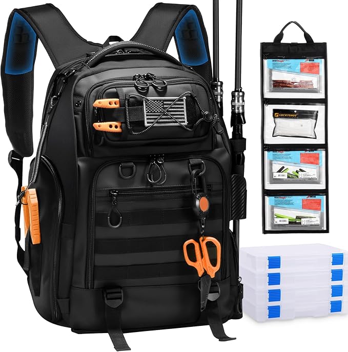 BAIXIXIG 50L Fishing Tackle Backpack with Removable Lure Wraps,Include (4) 3600 Tackle Boxes, 2 Rod Holders Storage Fishin...