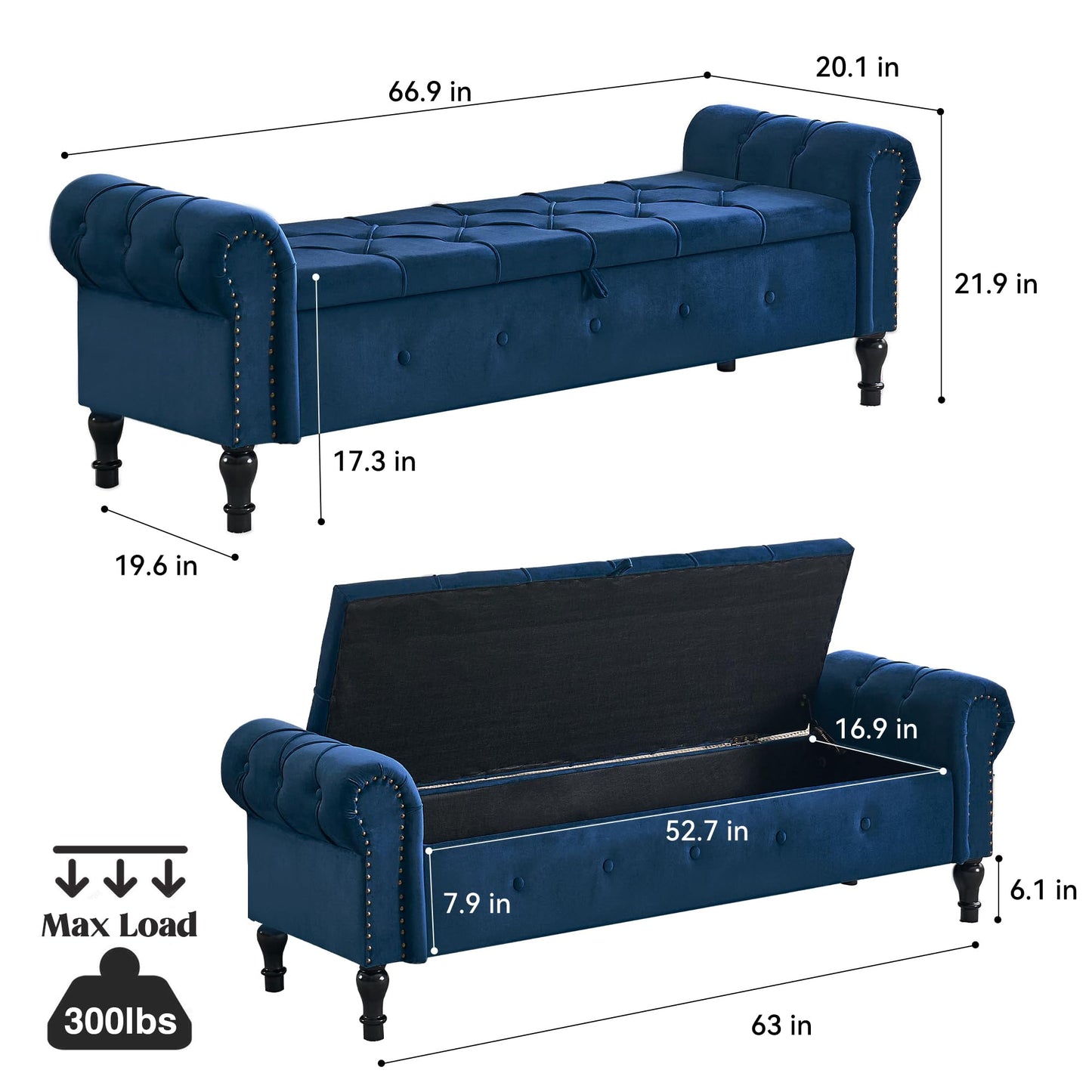 HOMYKA Velvet Storage Bench 67 Inch Upholstered Tufted Ottoman Bench with Arms Large Storage Space King Size End of Bed Bench for Bedroom Living Room Entryway Navy Blue