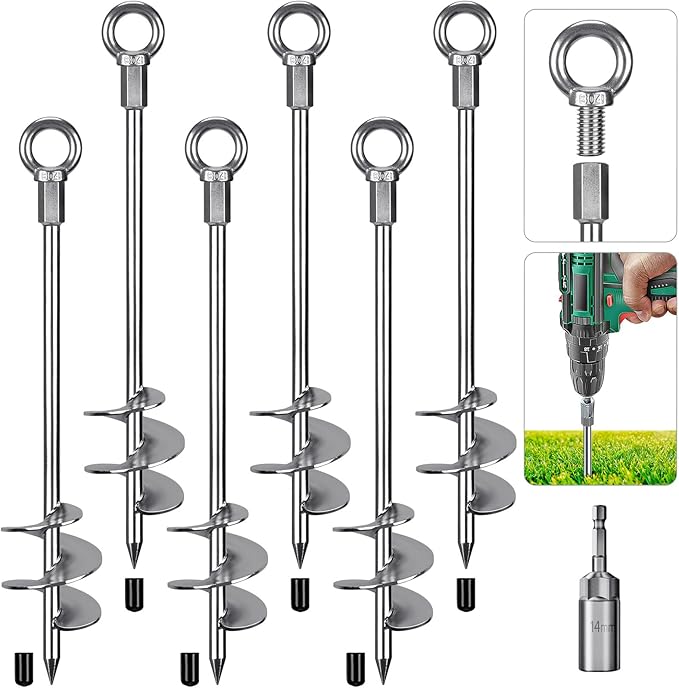 Insaga 18'' Ground Anchors Screw in Heavy Duty 12mm Solid Steel, 3" Spiral Blade with Smooth Edges, Fully Welded Design for Mobile Home, Shed, Trampoline, Swing Set, Carport, Earth, Tent, 6Pack