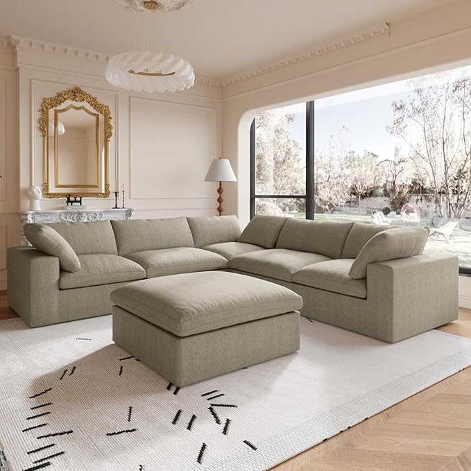 160.6'' Cloud Modular Sectional Sofa,Down Filled Comfort V Shaped Sofa Couch for Living Room,Minimalist Wide Deep Seat Convertible Couches for Office Apartment,4 Seater & 1 Corner+1 Ottoman (Khaki)