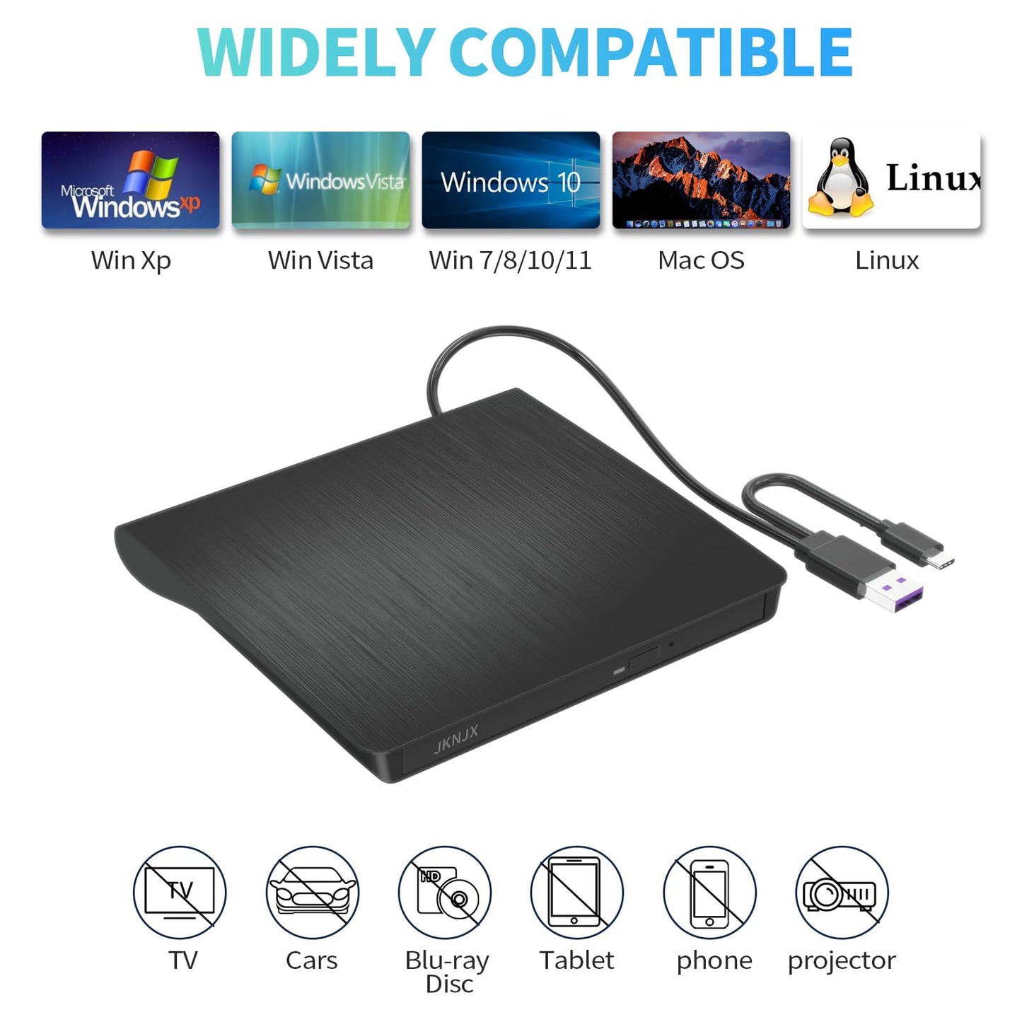 Jknjx External Dvd Drive,Usb 3.0 And Type-C Cd Dvd Disc Reader Writer Burner Player,Slim And Portable Cd Dvd +/-Rw Optical Drive