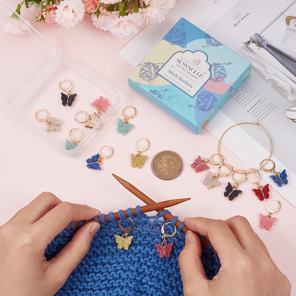 SUNNYCLUE 1 Box 16Pcs 8 Colors Knitting Crochet Markers Knitting Markers Charms Spring Butterfly Crochet Leverback Charms for Weaving Sewing Needleworks Women Adults DIY Supplies
