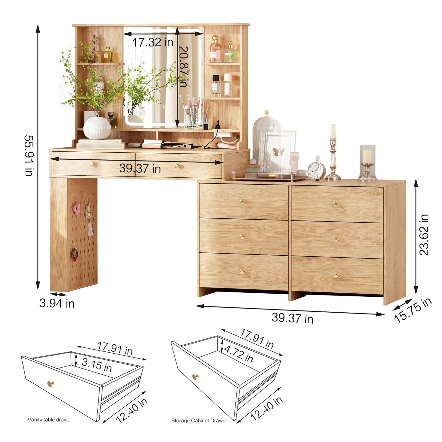 Ieejdn Large Makeup Vanity Desk with Mirror and Lights, Vanity Desk with 8 Drawers & Storage Shelves, Vanity Table with Power Outlet, 3 Color Modes & Adjustable Brightness Dressing Table, Bedroom,Oak