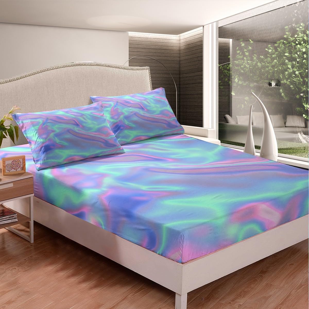 Tie Dye Bed Sheets Queen, Colorful Print Sheet Set, Psychedelic Luxury Soft Lightweight Bedding Set, Green Purple Home Decor Fitted Sheet with Deep Pocket, 1 Flat Sheet, 1 Fitted Sheet, 2 Pillowcases