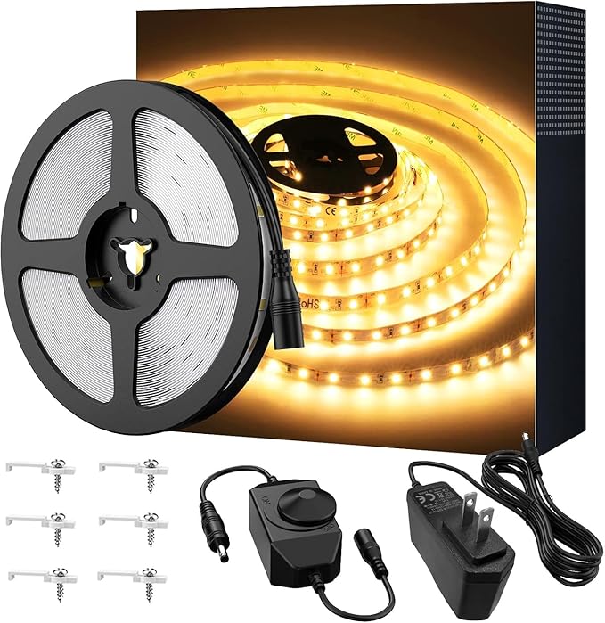 Warm LED Strip Lights,Onforu16.4ft Dimmable Strip Lighting,3000K 5m 12v Tape Light, 2835 LEDs Flexible Warm White Rope Lig...