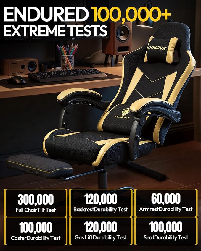 Gaming Chair with Footrest, Ergonomic 330lbs Leather Mesh Chair, Massage Lumbar Support,Adjustable Height & Headrest,Breathable Seat for Office, Home, Streaming, Long Gaming Sessions, Black and Golden