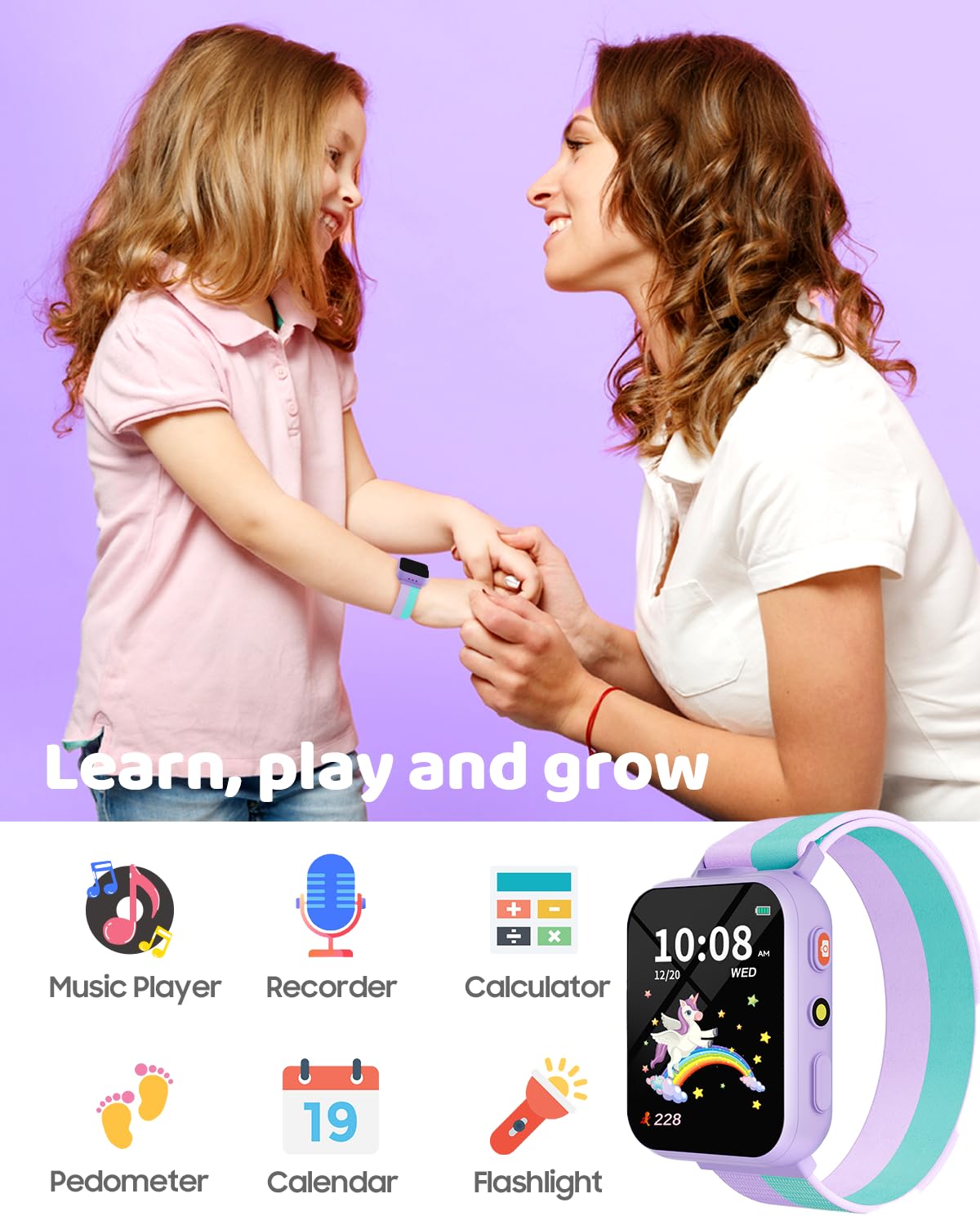 BIGGERFIVE Smart Watch for Kids with Dual Cameras, Two Straps, 30 Puzzle Games, Video & Music Player, Audiobooks, Flashlight, Pedometer, Educational Toys Birthday Gifts for Girls Ages 4-10 Lilac