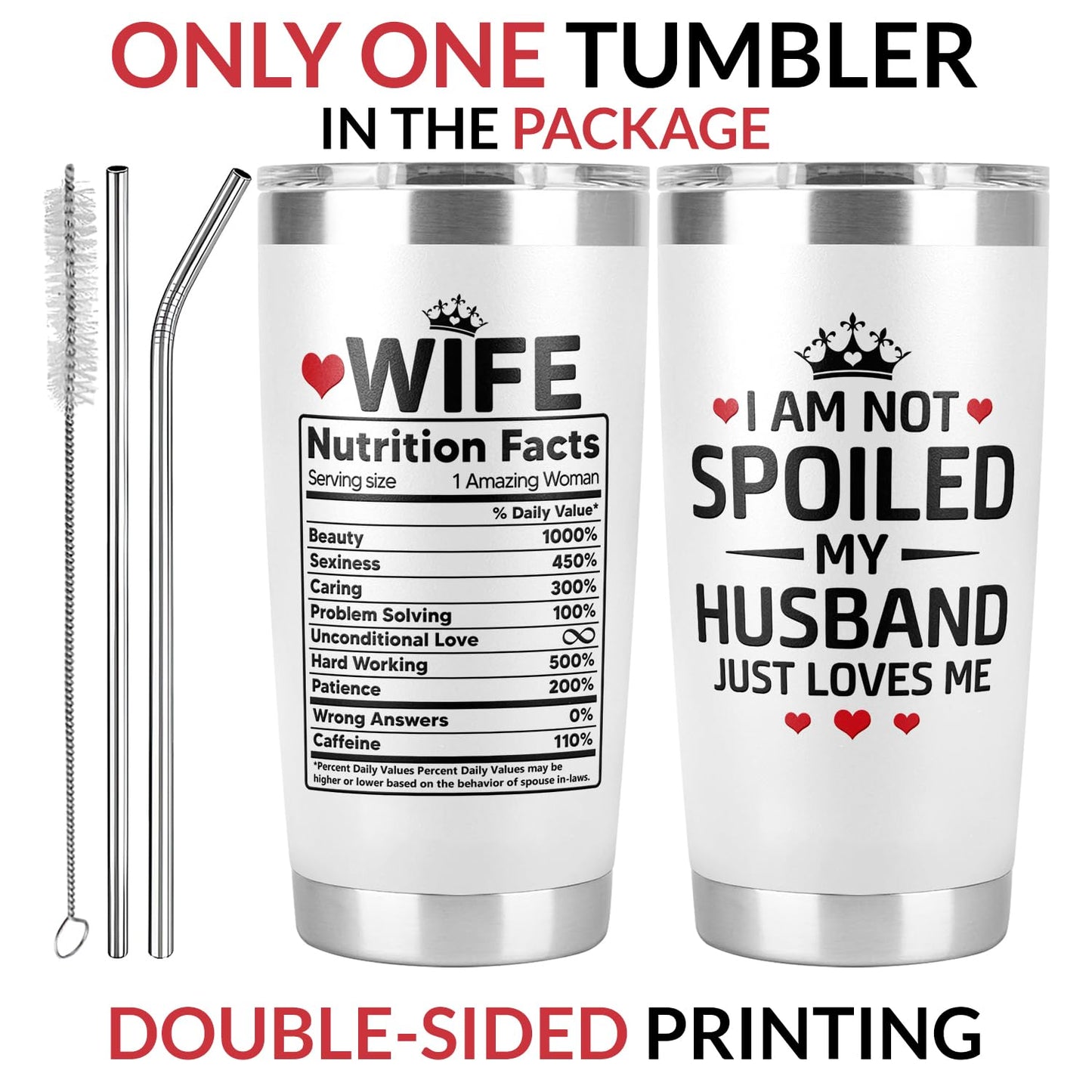 Gifts for Wife from Husband, Wife Gifts, I Am Not Spoiled My Husband Just Loves Me Tumbler Cup 20 Oz, Anniversary Wedding, Wife Birthday Gift Ideas, Mothers Day
