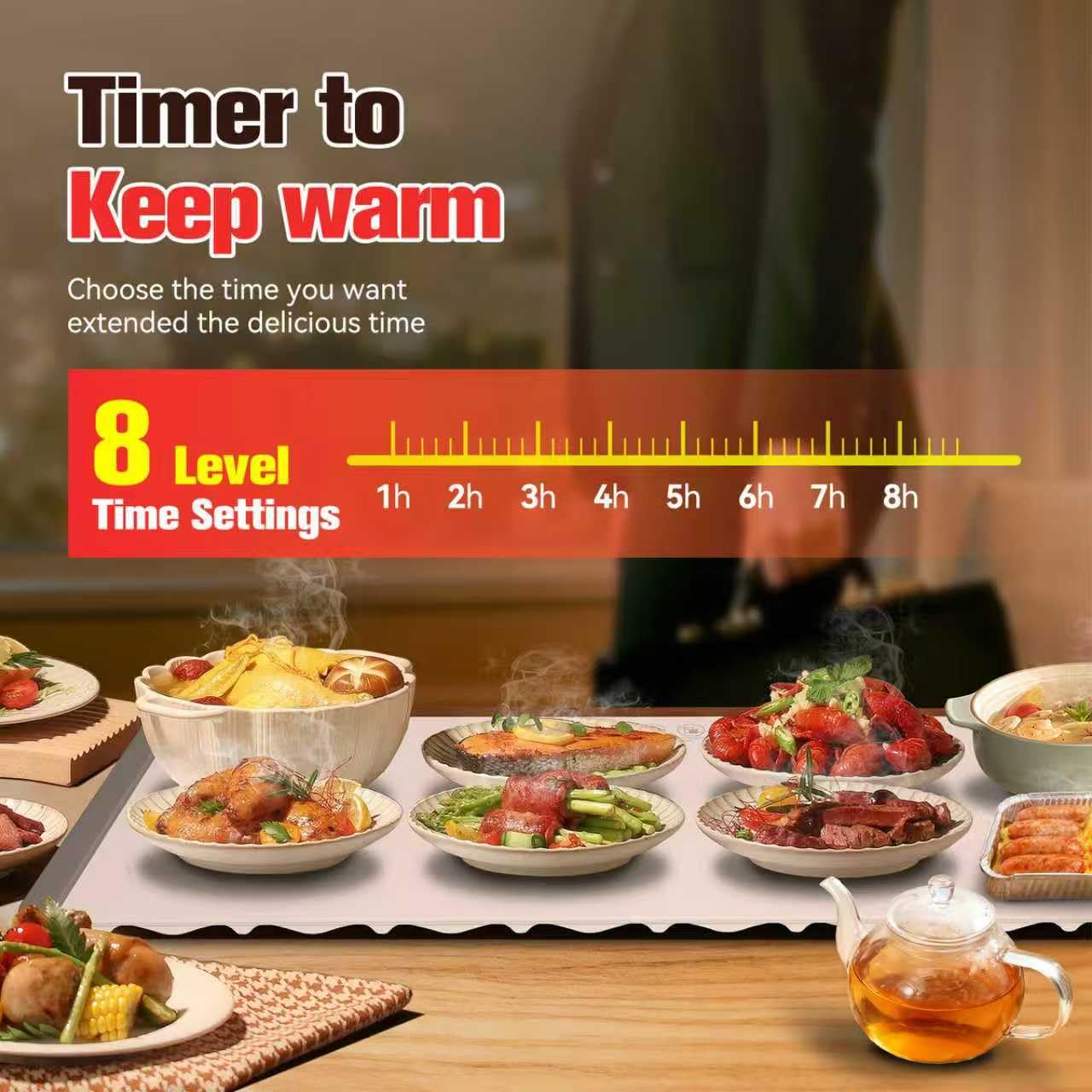 Koucen Warming Mat for Food Extra Large 35.4"×13.4", 7 Temperature Settings, 8-Hour Timer, 400W Fast Full-Surface Heating Child Lock Safety, Food Warmer Electric Warming Trays for Buffets Party