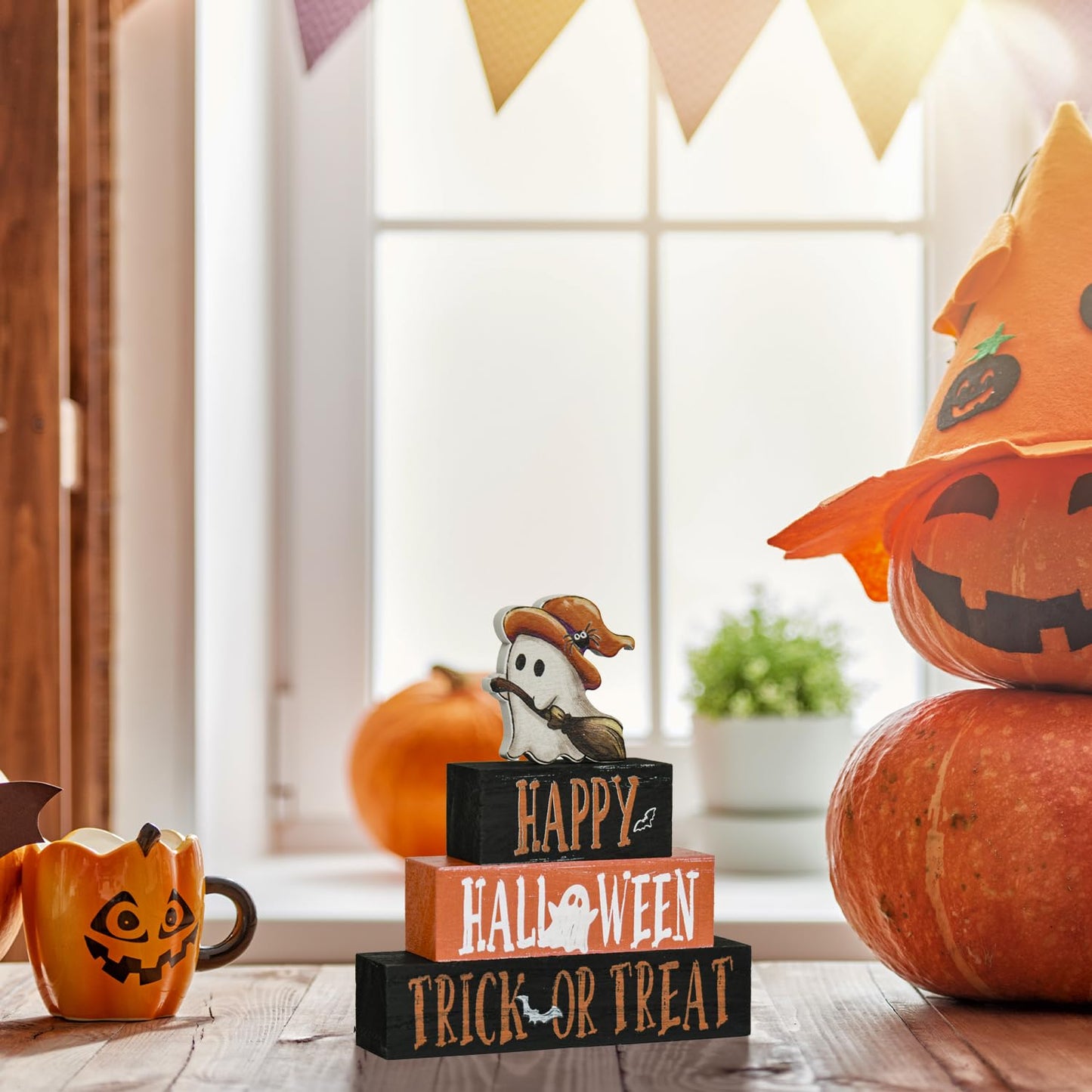 Smile 4 Pcs Wooden Blocks Signs, Happy Halloween Indoor Decorations, Trick or Treat Farm Decor Spooky Rustic for Home Table Shelf and Kitchen
