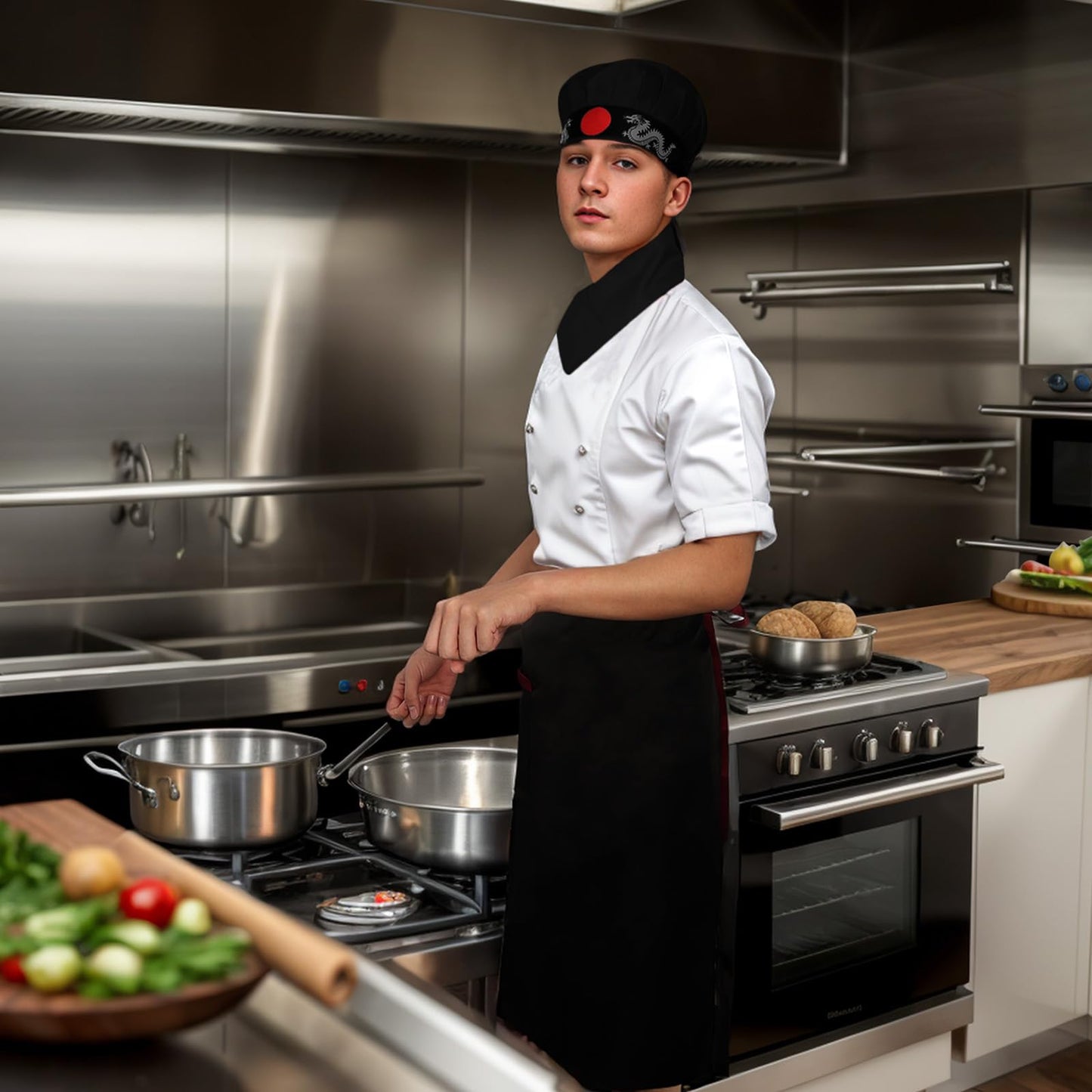 Ngdhkd 4PCS Hibachi Costume Cooking Accessories Halloween Hat Apron Baker Kitchen Tie Headband Cosplay Party Men Women (Black)