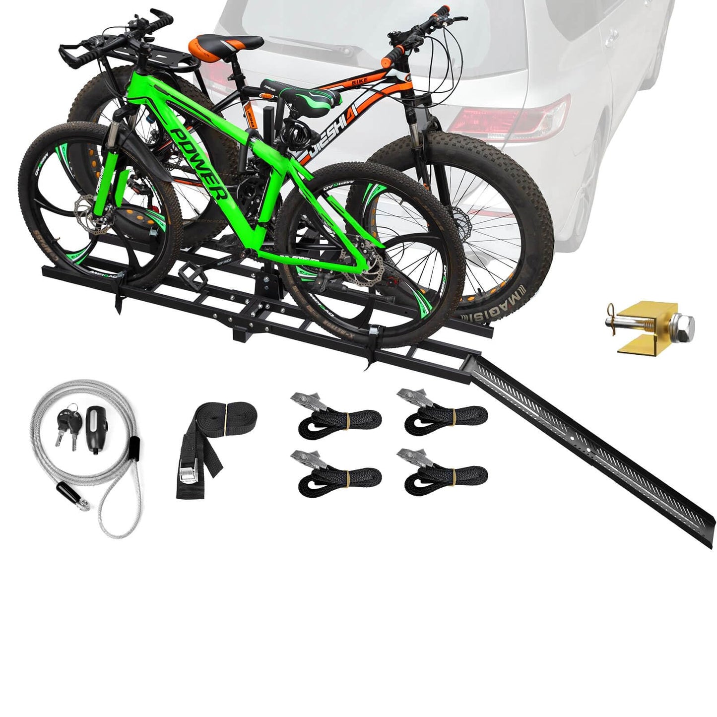 Bike Rack Hitch Mount with Ramp for 2 Bikes – Platform Ebike Rack with Anti-Theft Lock Fits Fat Tires up to 220 lbs – Foldable & Tilt Electric Bike Rack for SUV, Truck, RV – 2 Inch Receiver