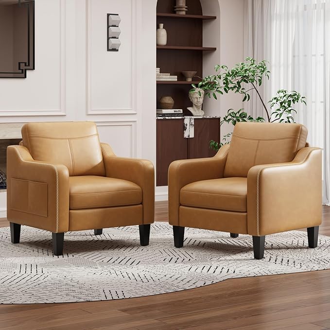 MALOL PU Leather Accent Chair Set of 2, Mid-Century Modern Living Room Armchair Sofa with Removable Cushions, Solid Wood F...