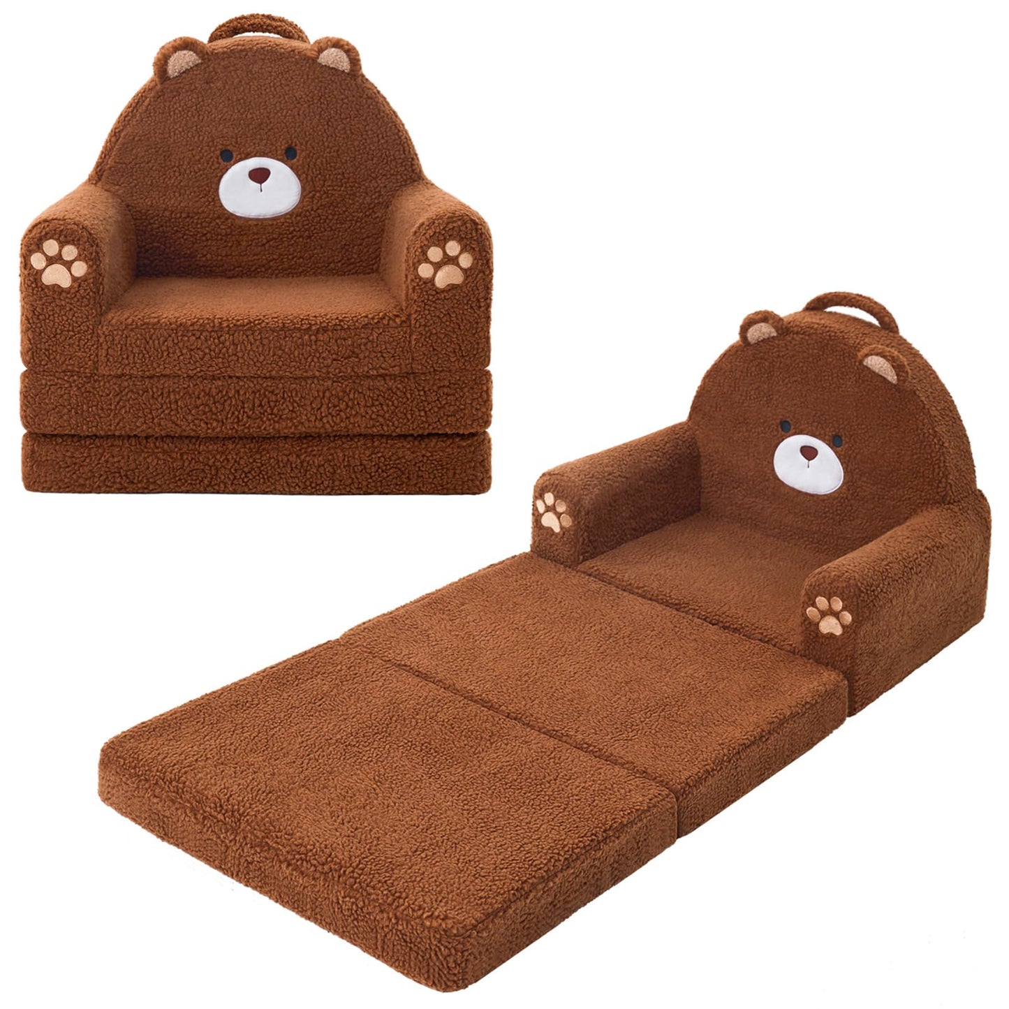MOONBEEKI 2-in-1 Foldable Toddler Couch – Soft Sherpa Sofa Chair for Kids Ages 1–3, Brown Bear, Medium