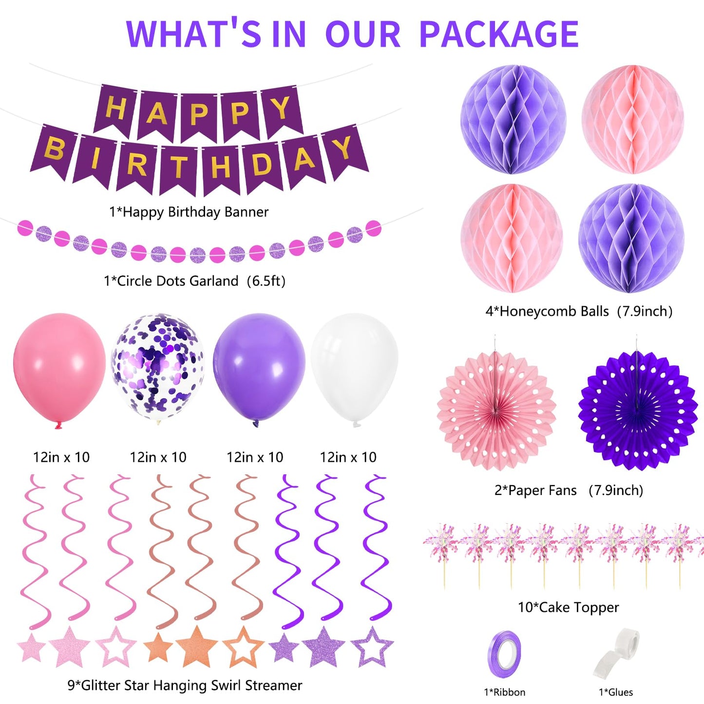 Purple Birthday Decorations Happy Birthday Banner Pink and Purple Balloons Stars Circle Garland Hanging Swirl Streamers Hanging Honeycomb Balls 69PCS Party Decorations for Women Men