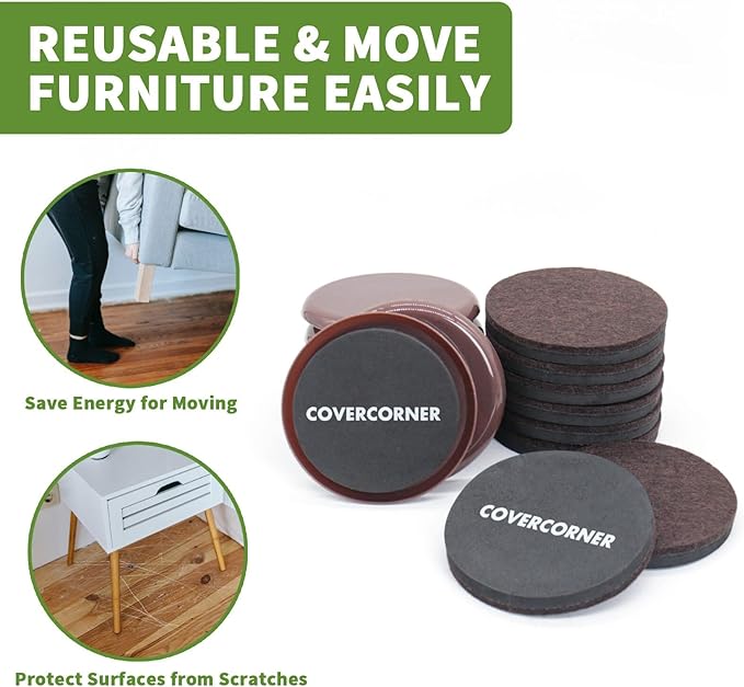 COVERCORNER Furniture Sliders for Hardwood Floors, Furniture Sliders for Carpeted Floors, 16 PCS 3 1/2 inch Combo Pack, Sliders for Moving Furniture, Furniture Movers Sliders, Brown